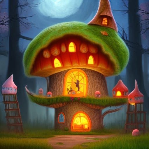 Cotton Candy Mushroom House with Bear in Halloween