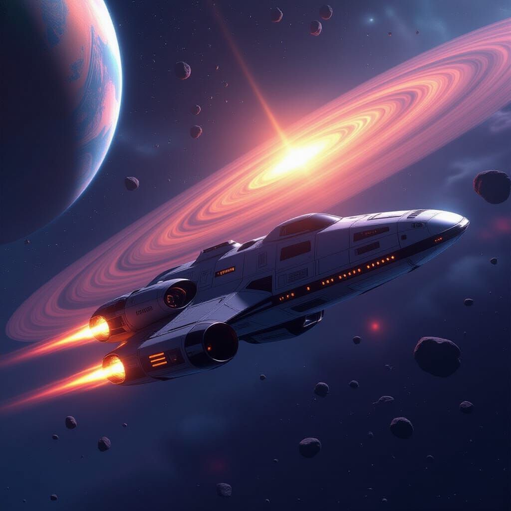 Photorealistic Spaceship Near Planet with Asteroid Ring