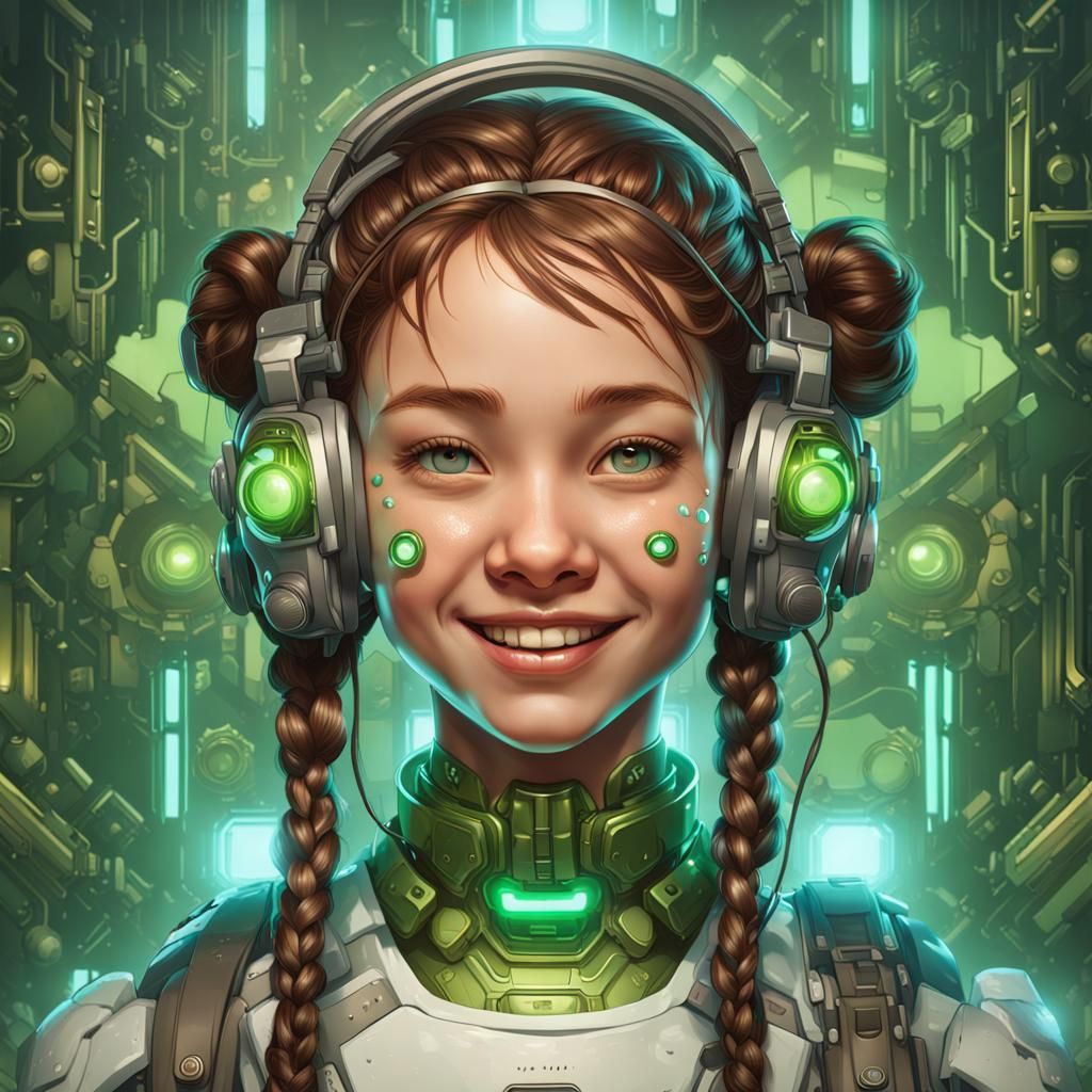 Cyborg Girl Portrait with Electronic Eyes in Hyperdetailed S...