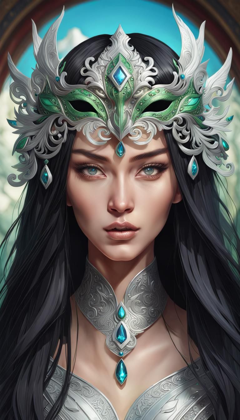 Woman in Jeweled Mask Portrait, Hyperdetailed Art