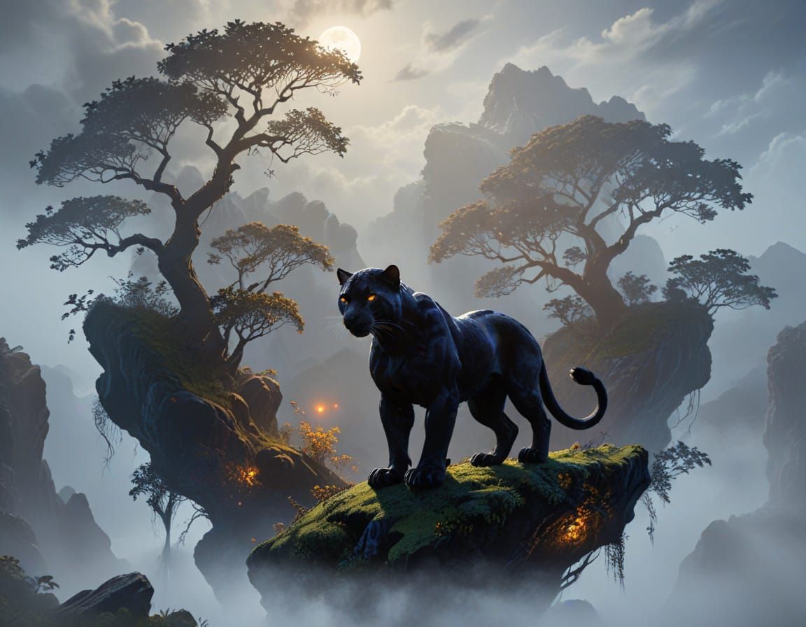 Black Panther on Cliff Under Moonlight, Digital Fantasy Art