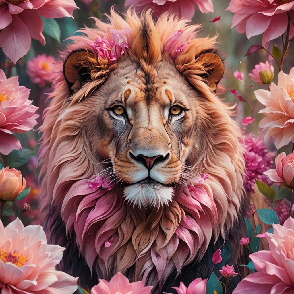 Lion in Pink Astraleas: Dreamy Matte Painting
