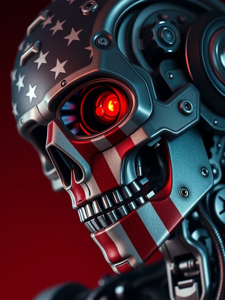 Cyberpunk Robot Head with American Flag Design