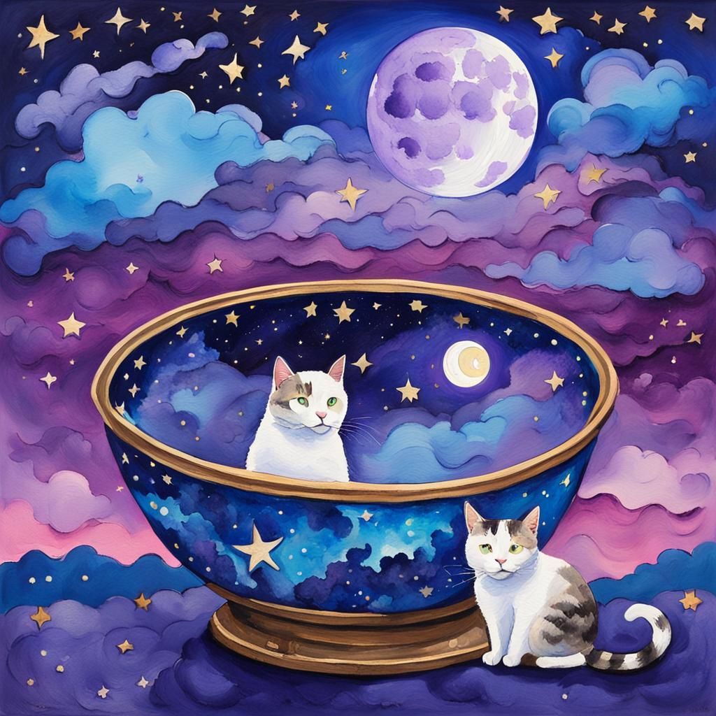 Cat Stares at Milky Moon in Gouache Style