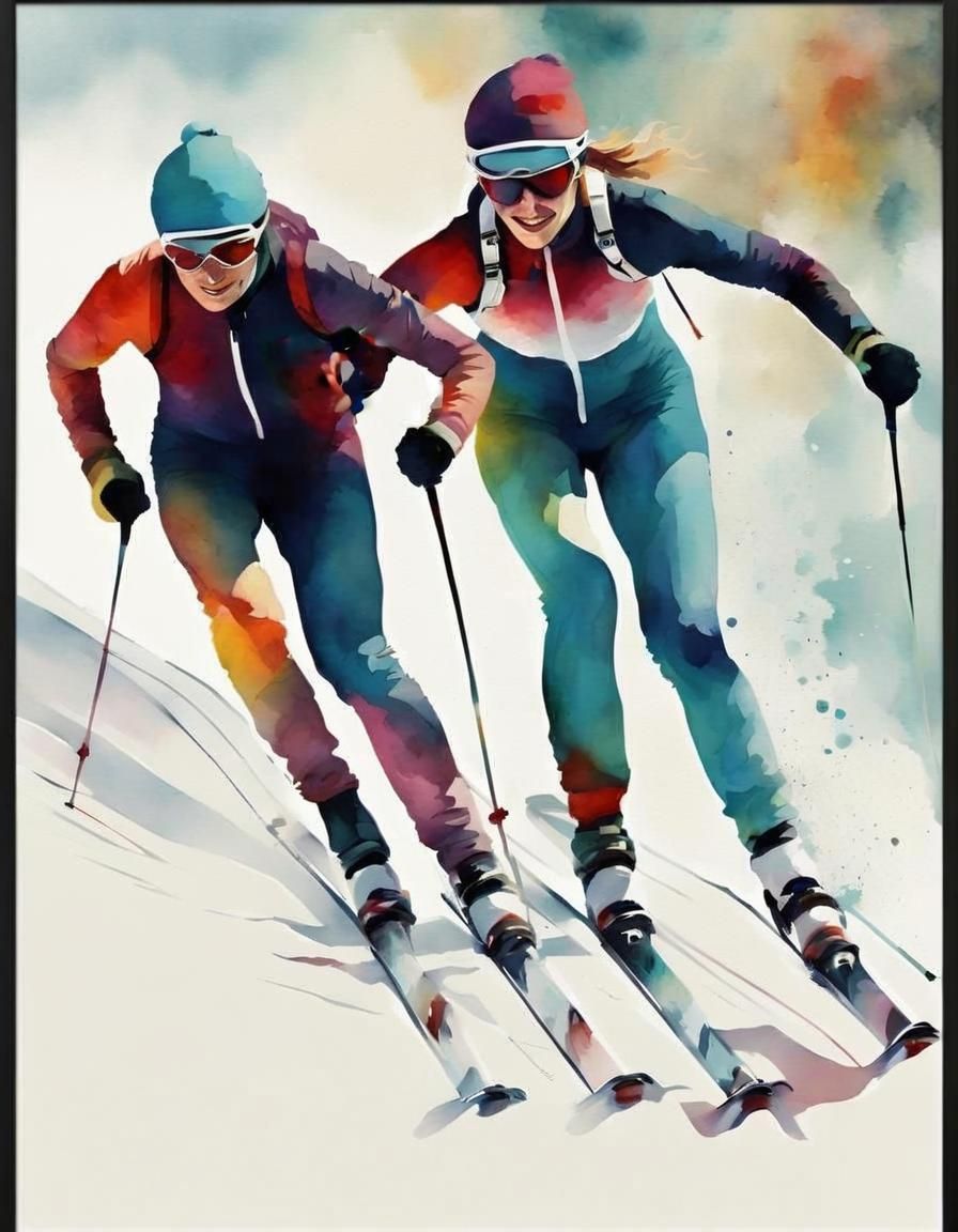 Couple Skiing Downhill in Digital Watercolor