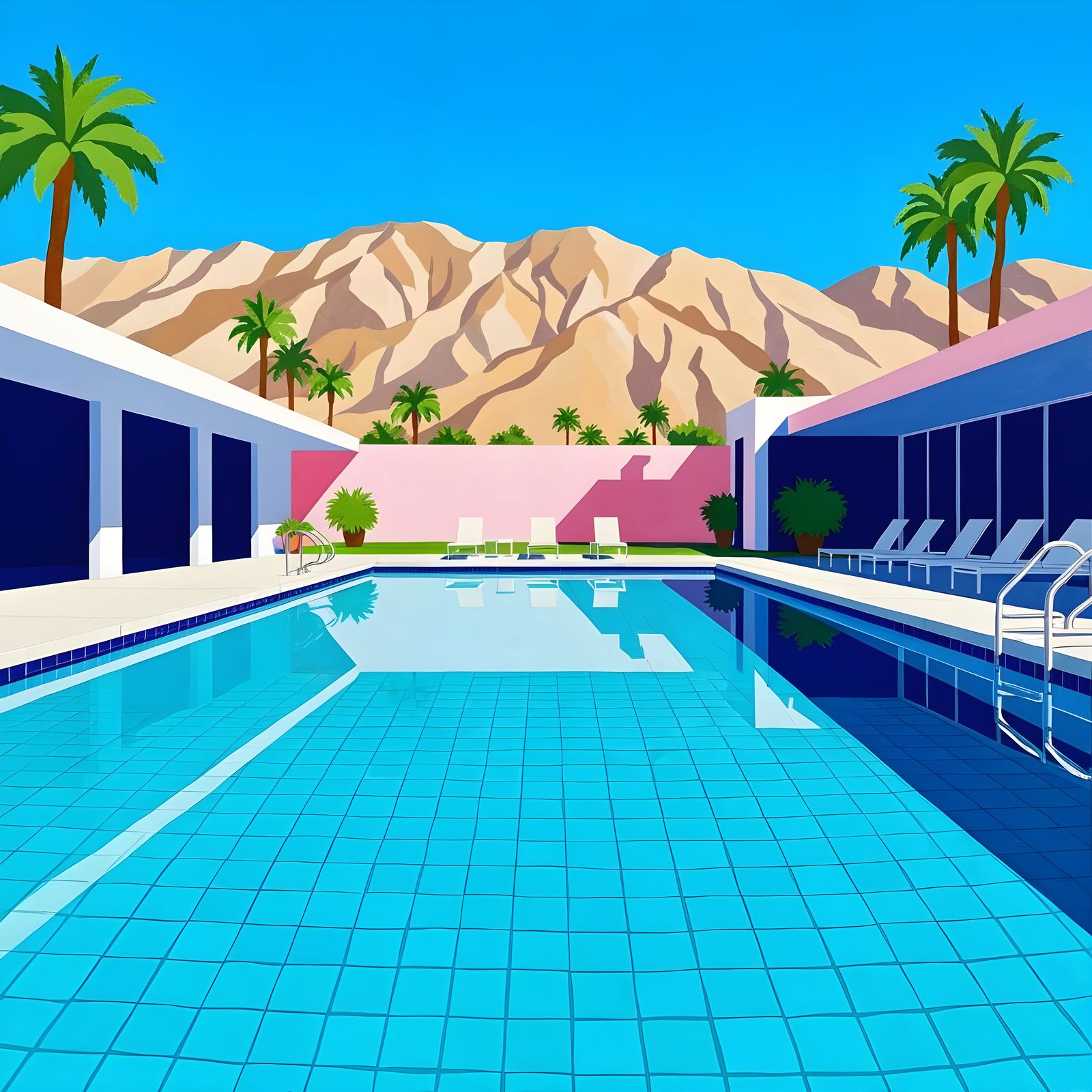 Vibrant Desert Pool Scene in Hockney Style