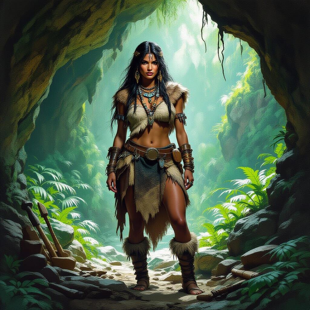 Prehistoric Woman in Lush Cave, Fantasy Art