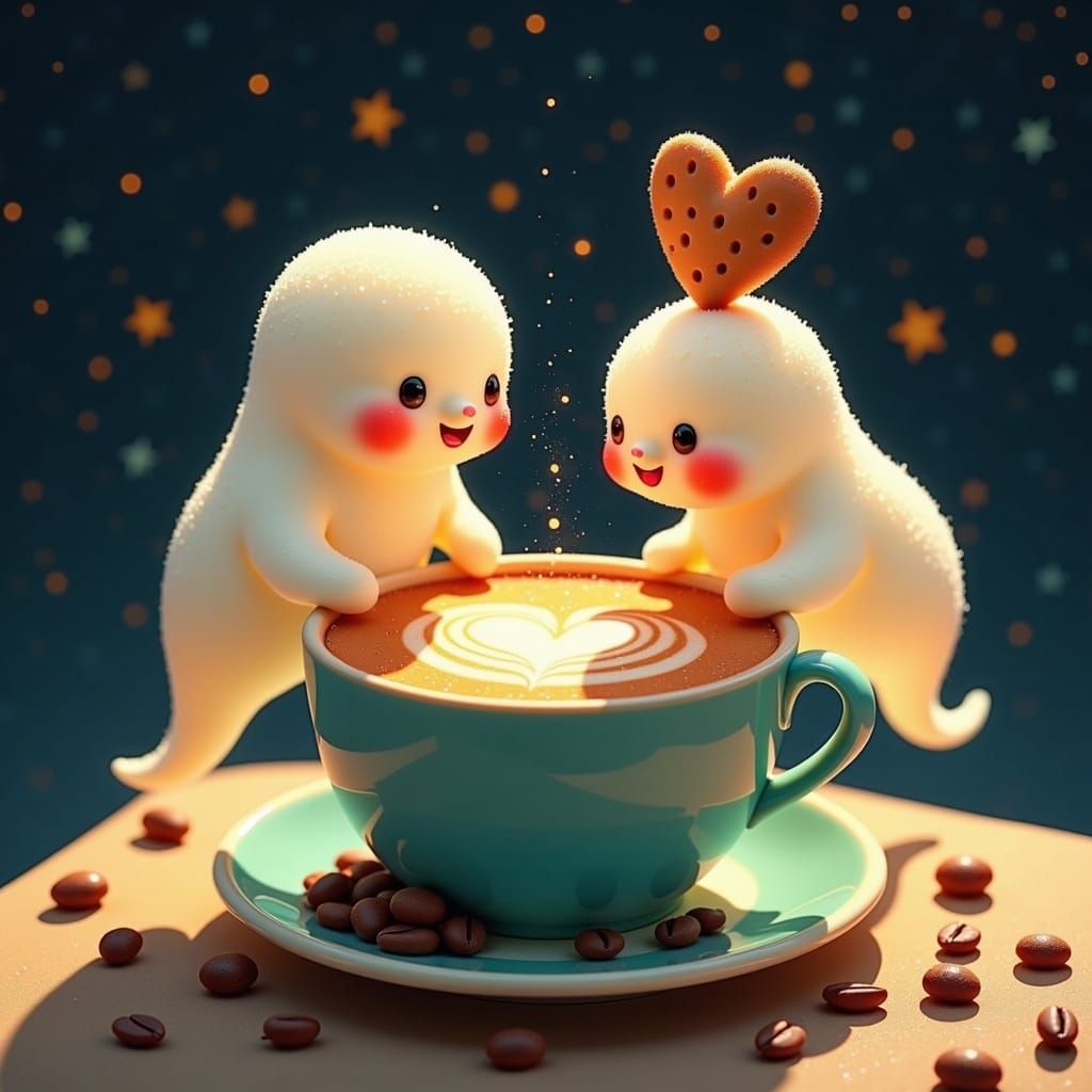 Cappuccino with Ghosts in Whimsical Illustration