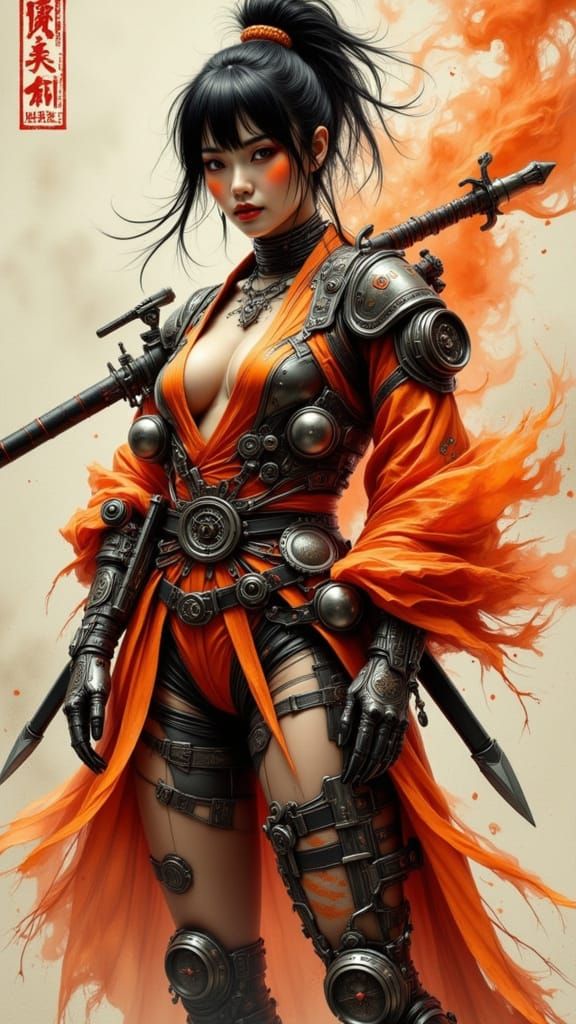 Japanese Steampunk Warrior Woman with Katana