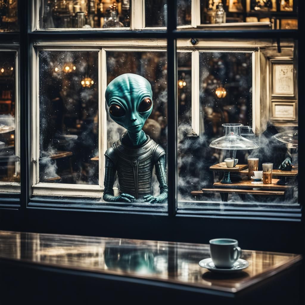 Cheeky alien peeking through the window of a coffee shop
