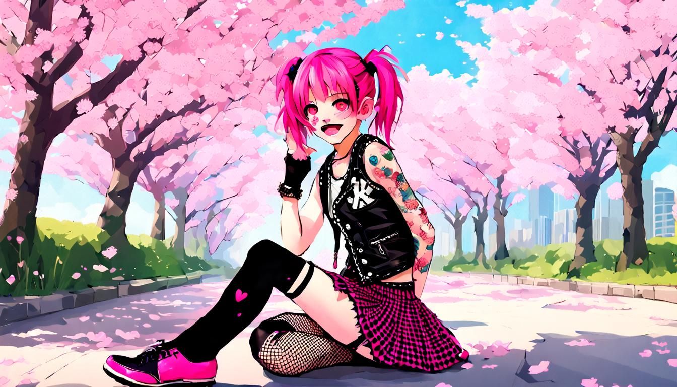 Punk Girl in Cherry Blossoms: Anime Style