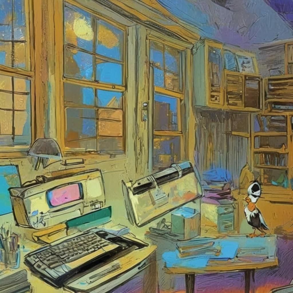Cartoon Donald Duck in Cluttered Office, Digital Painting