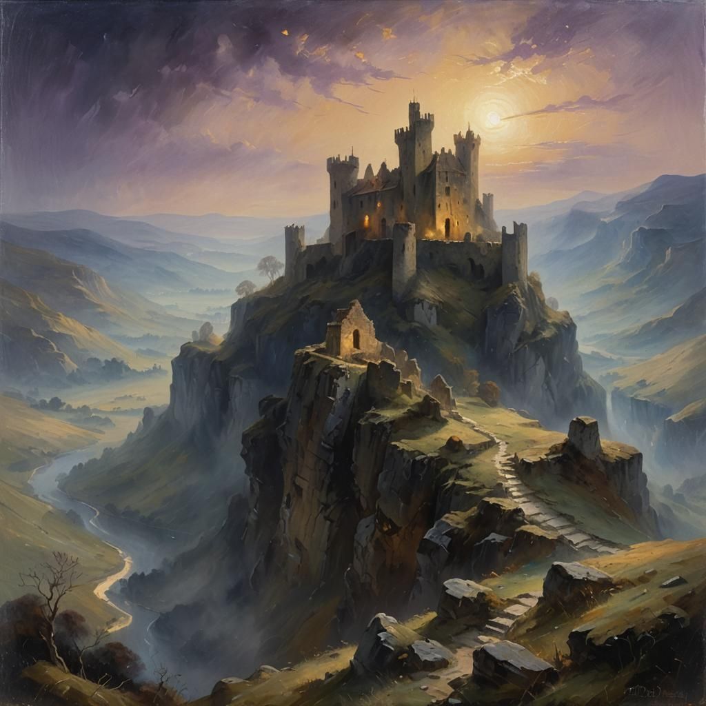 Mystical Castle Ruin in Moonlit Valley Oil Painting