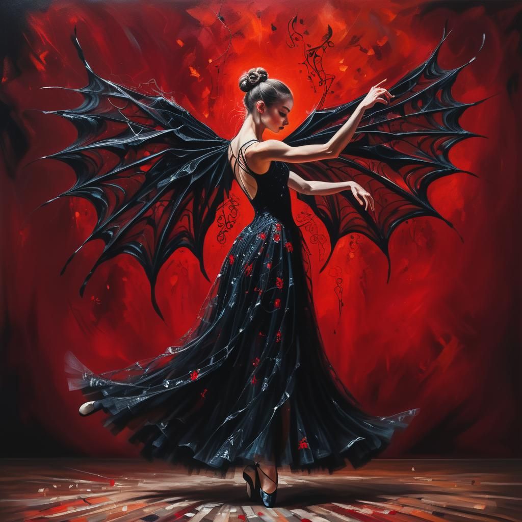 "Full body shot of ballerina dancing in the spiderweb dress made all of black spiderweb with black wings dramatic, Black...