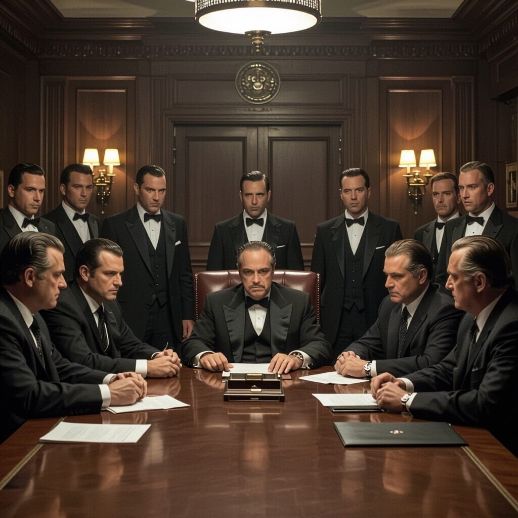 Mob Bosses Discuss New Regulations in Dimly Lit Room