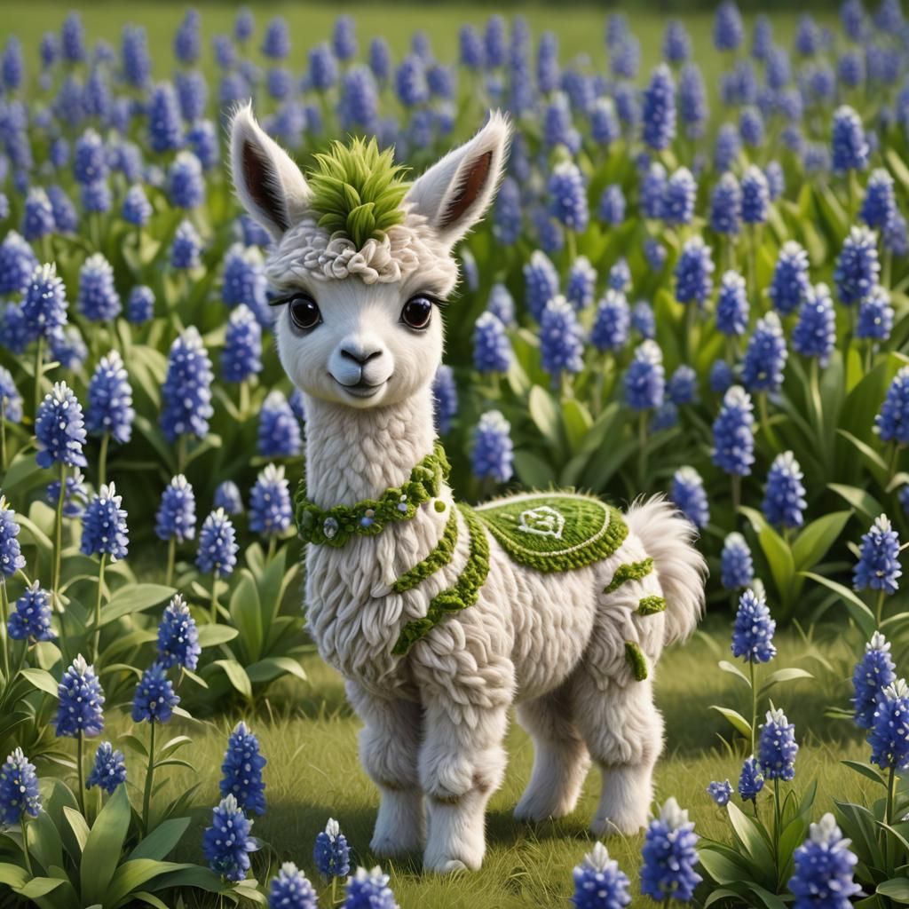 Chibi Llama in Bluebonnet Field: Knitted Yarn Art