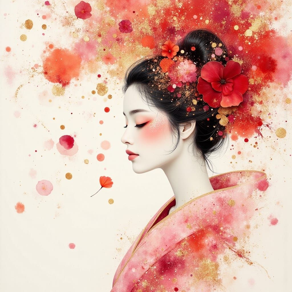 Ink Wash Geisha with Gold Accents and Petals
