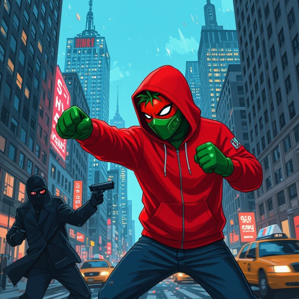 Tomato Superhero Punches Bank Robber in Futuristic City