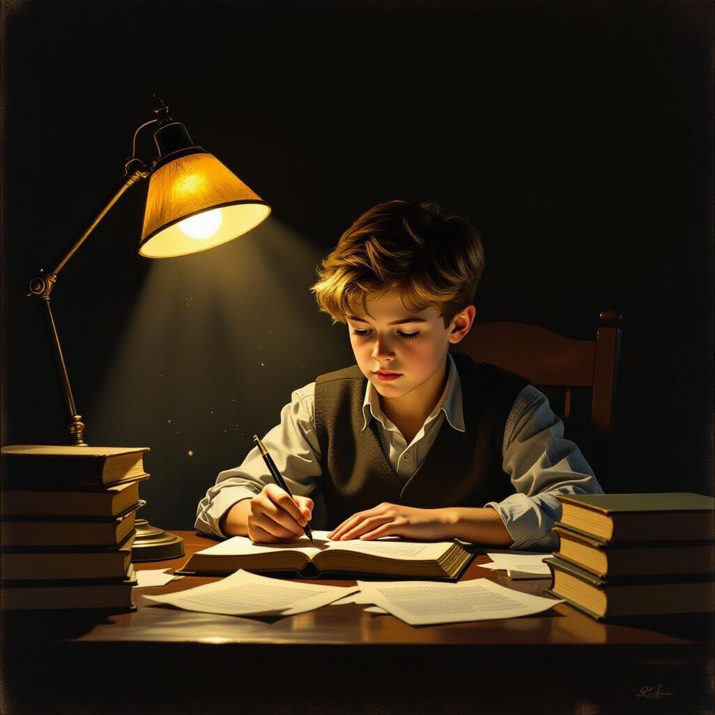 Boy Studying Under Dim Lamp, Nostalgic Painterly Style