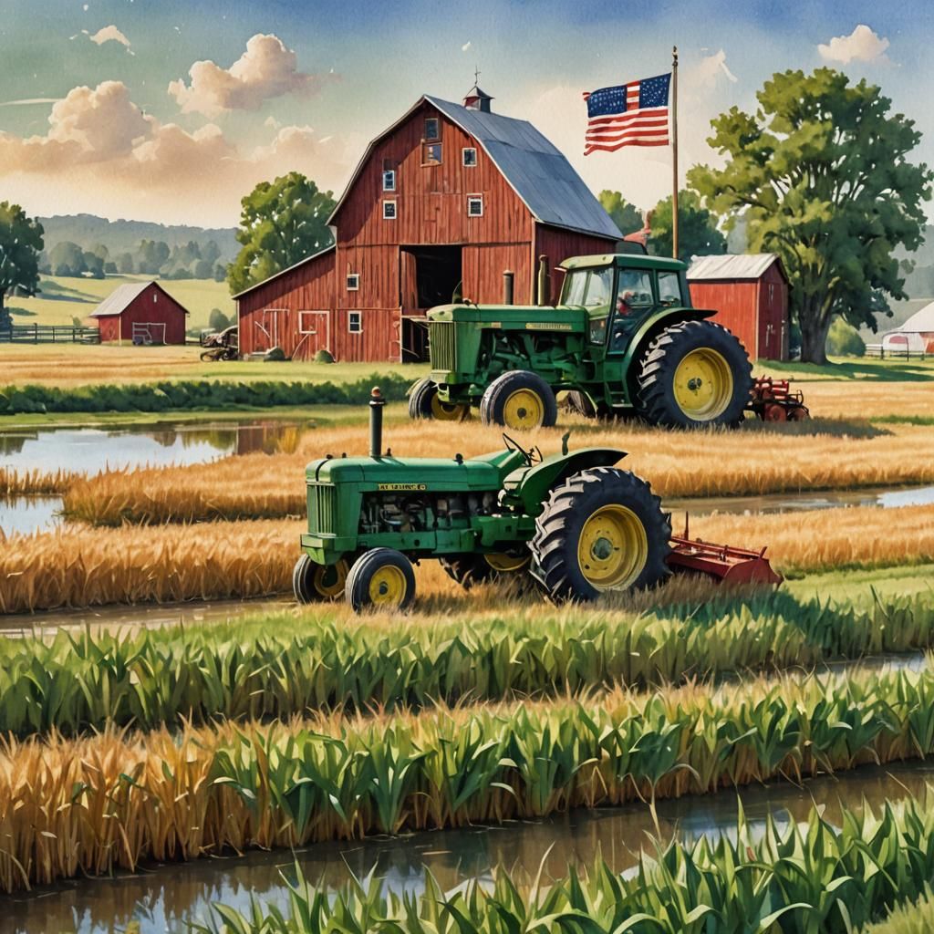 John Deere Tractor in Wheat Field, Watercolor Style