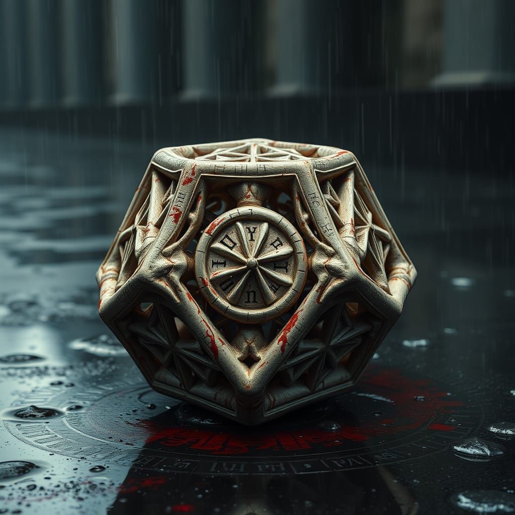 Dystopian Octahedron of Human Bones in Dark, Bloody Rain