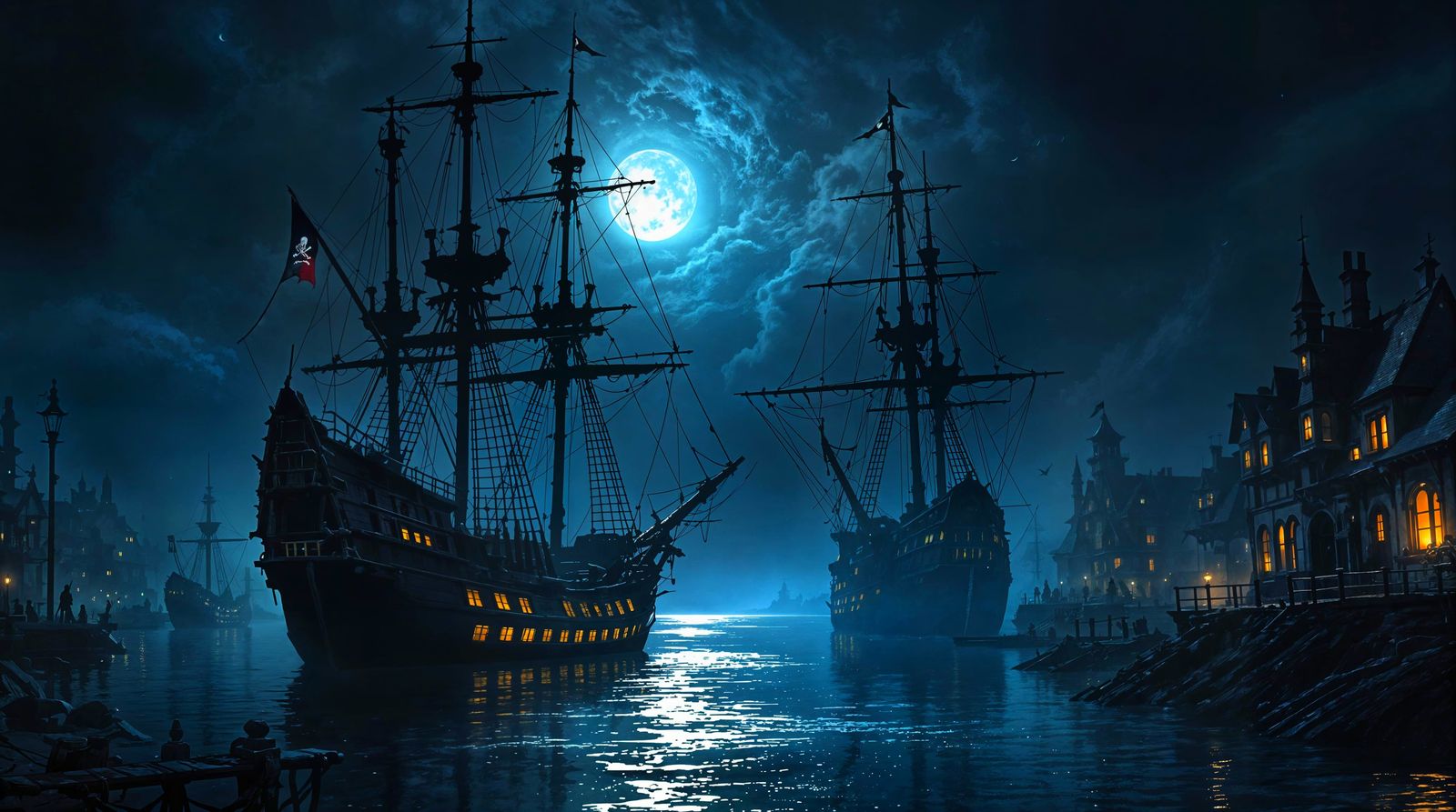 Moonlit Pirate Haven in Chiaroscuro Style