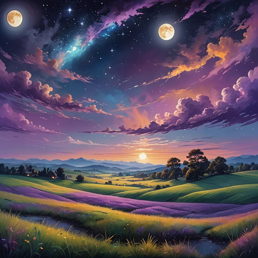 Serene Night Landscape in Vibrant Oil Painting Style