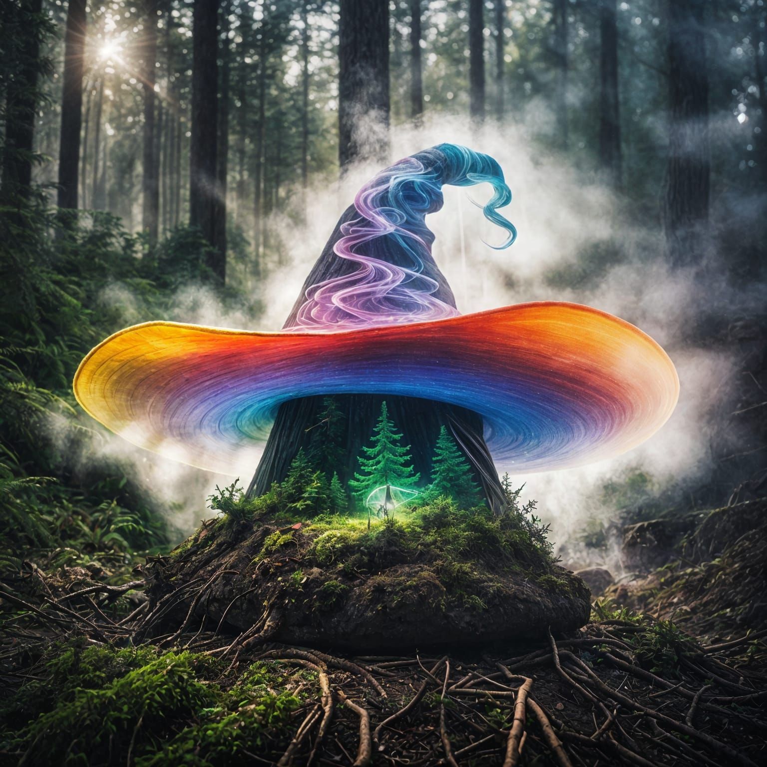 Magical Rainbow Witch Hat with Forest Scene
