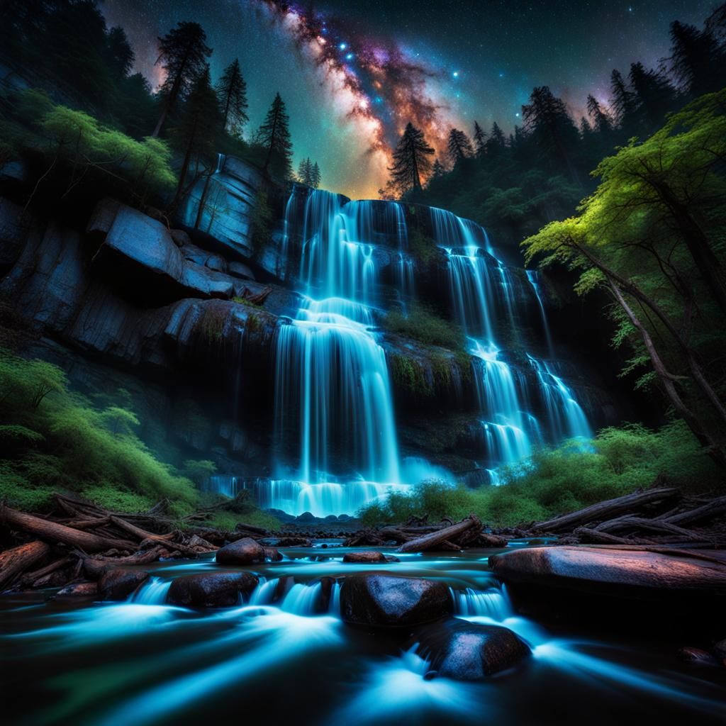 Bioluminescent Waterfalls Under a Galaxy Sky