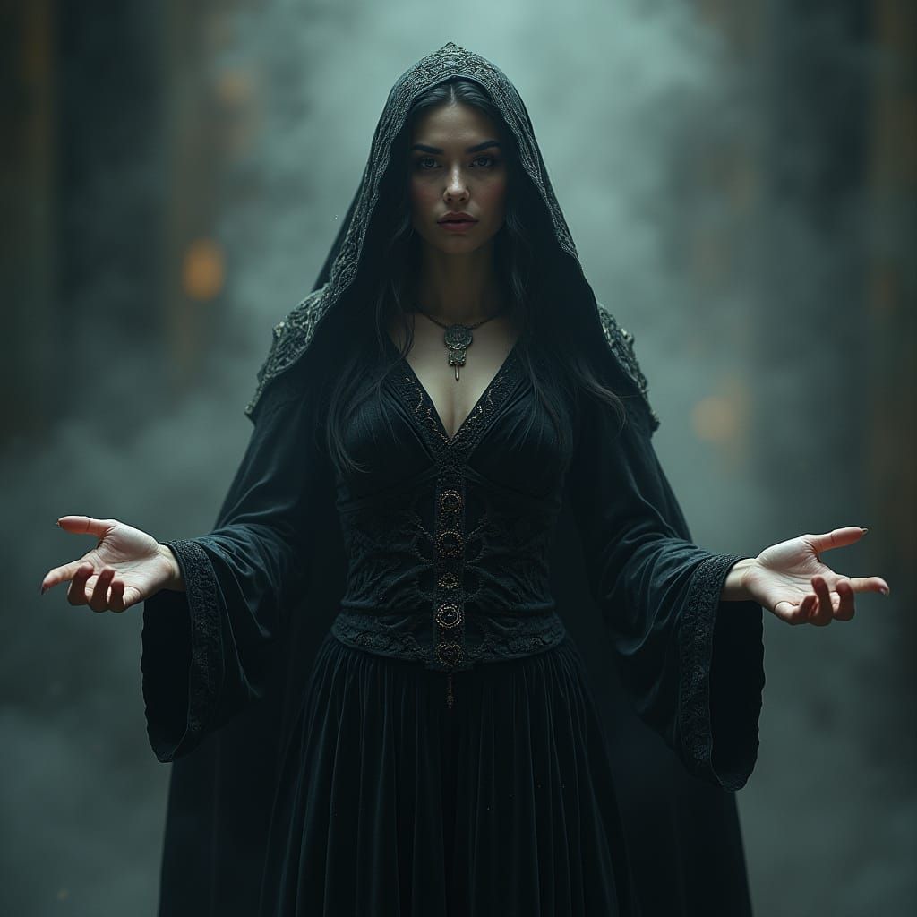 Mysterious Sorceress in Velvet Robes with Shimmering Aura