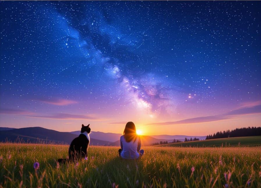 Stargazer and Cat in Twilight Meadow