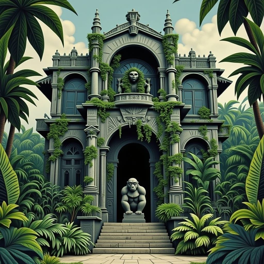 Jungle Mansion with Gorilla Statue in Decayed Style
