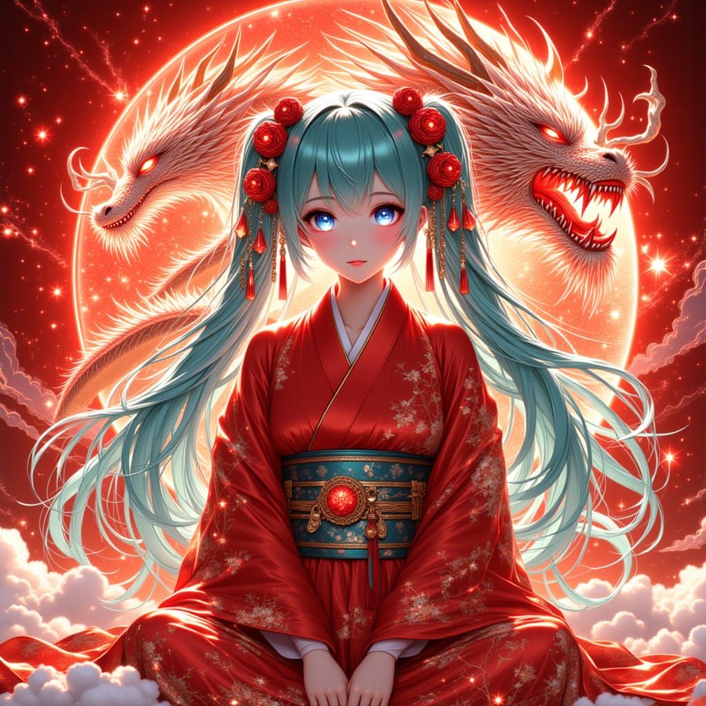 Miku Hatsune in Stunning Red Dragon Kimono