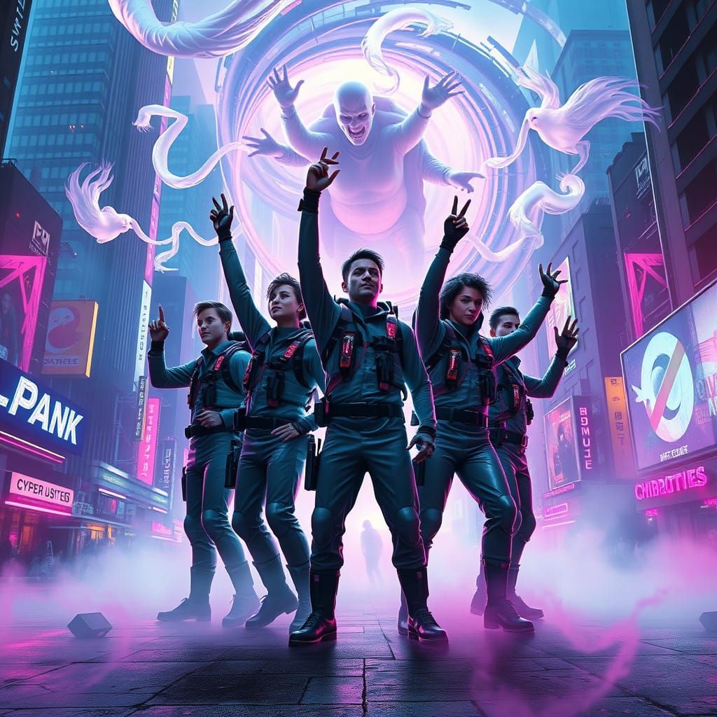 Cyberpunk Ghostbusters: Neon-Lit Heroes Amidst Dystopian Ski...