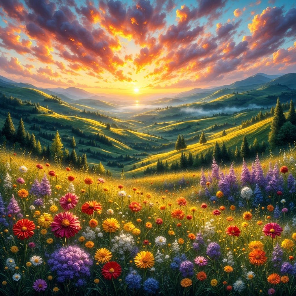 Vibrant Sunrise Over Rolling Hills Digital Painting