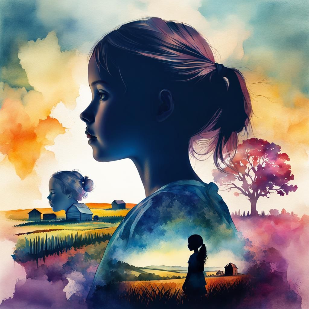 Double Exposure Girl Portrait in Watercolor Style