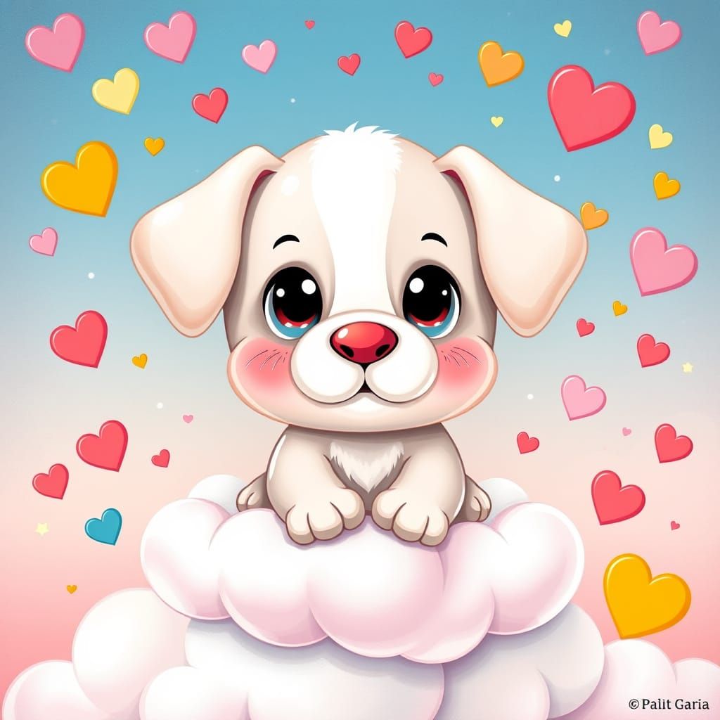 Kawaii Puppy Sits on Fluffy Cloud