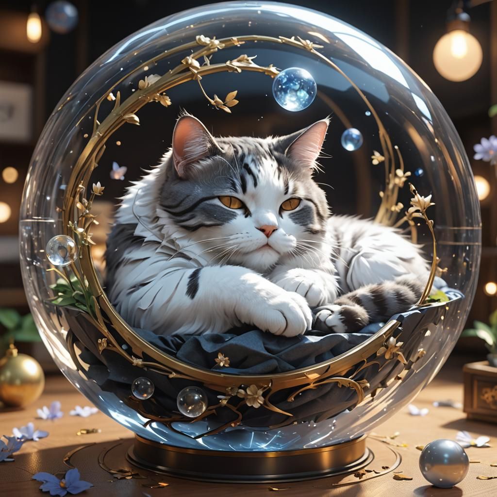 Sleeping Cat in Orb: 3D Anime Art