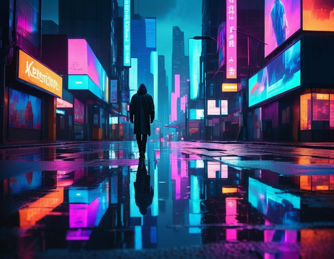 Neon-lit Cyberpunk Cityscape at Dusk in Dutch Angle