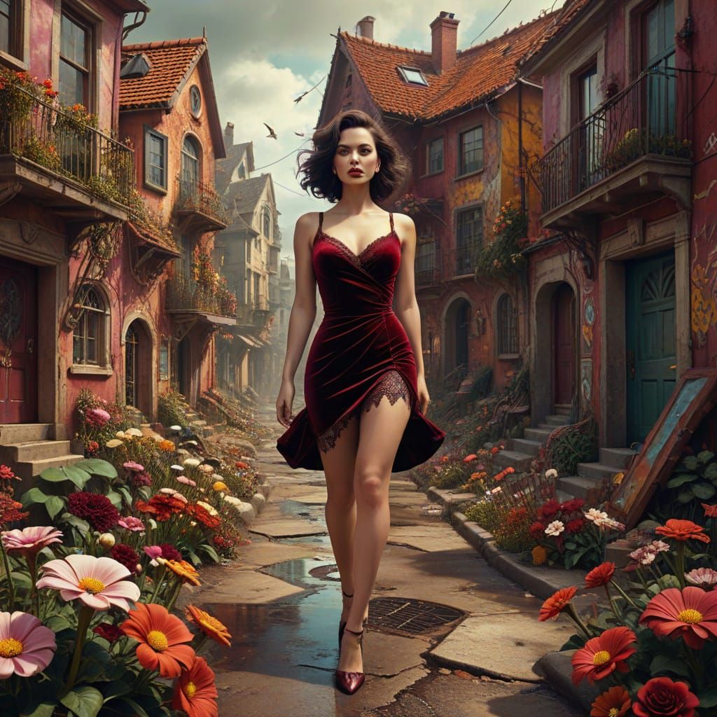 Smiling Woman in Surreal Flower Garden