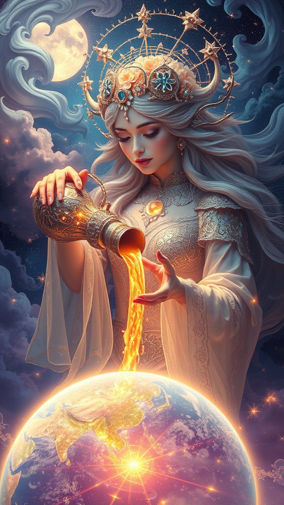 Celestial Being Pours Golden Elixir as Digital Art