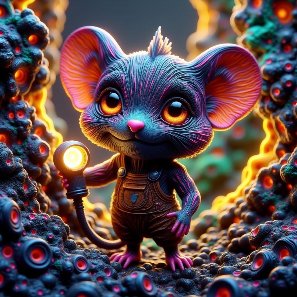 Whimsical Chibi Mouse Hybrid in Vibrant Bismuth Fractals