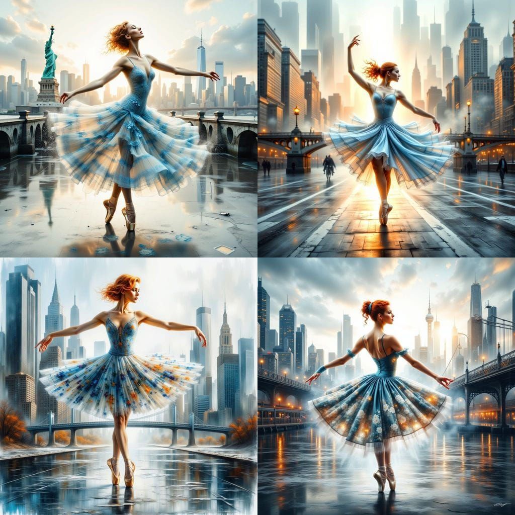Ballet Dancer Double Exposure Over Cityscape at Sunrise