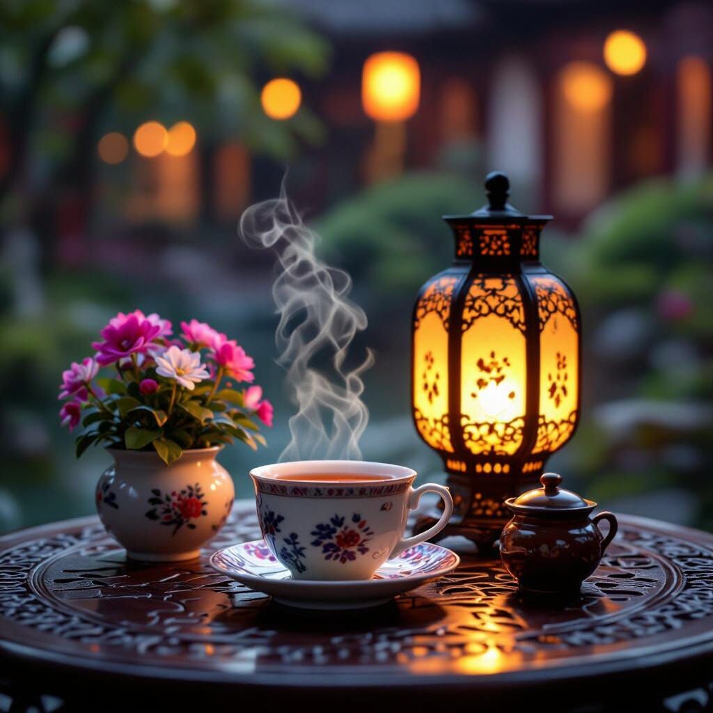 Tranquil Chinese Garden Evening Scene with Tea and Lantern