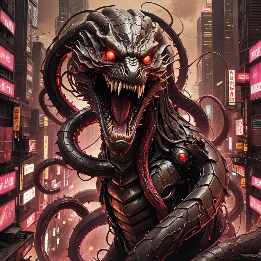 Cyberpunk Serpent Over Dystopian Cityscape