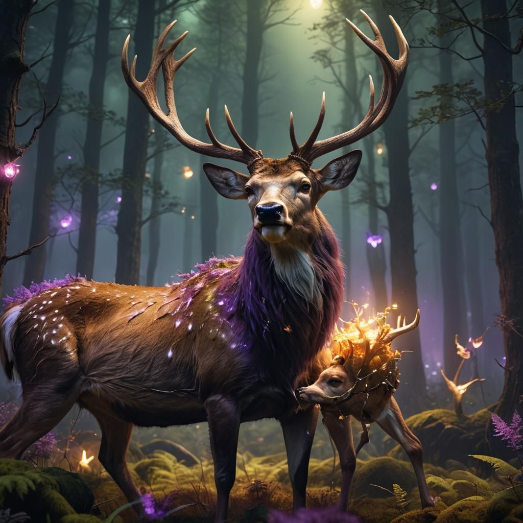 Deer Eating Dog in Mystical Forest: 3D Matte Painting