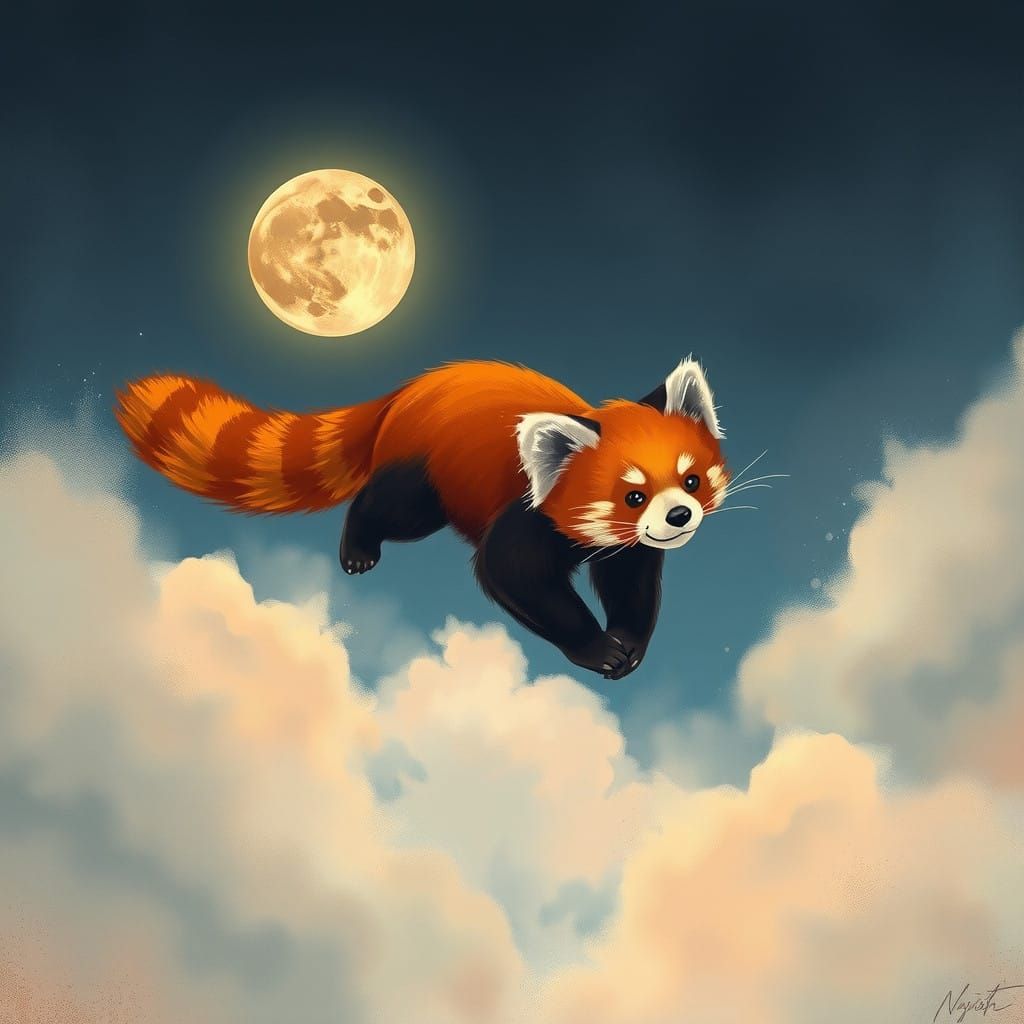 Mystical Red Panda Soars Through Ethereal Skies
