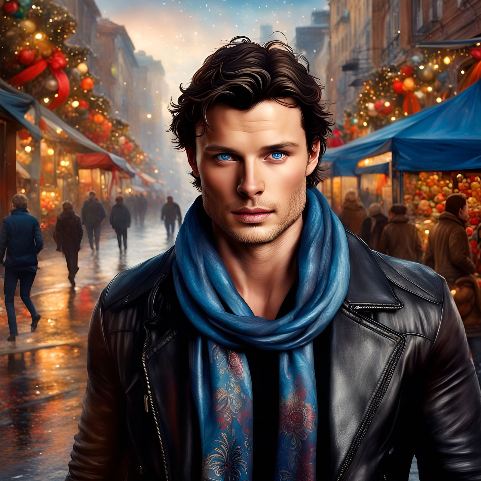 Handsome Man with Blue Eyes in Winter Street Scene