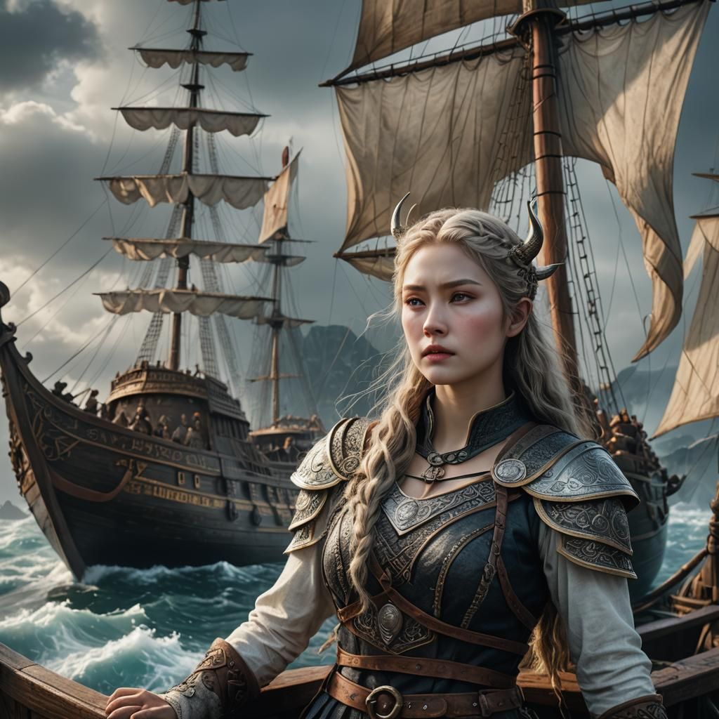 Viking Beauty on Ship with Sea: Digital Art