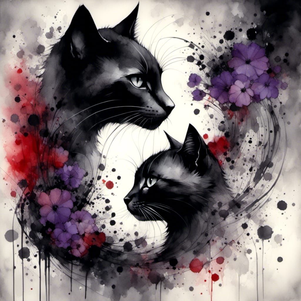 Yin Yang Cat Portrait in Charcoal and Ink